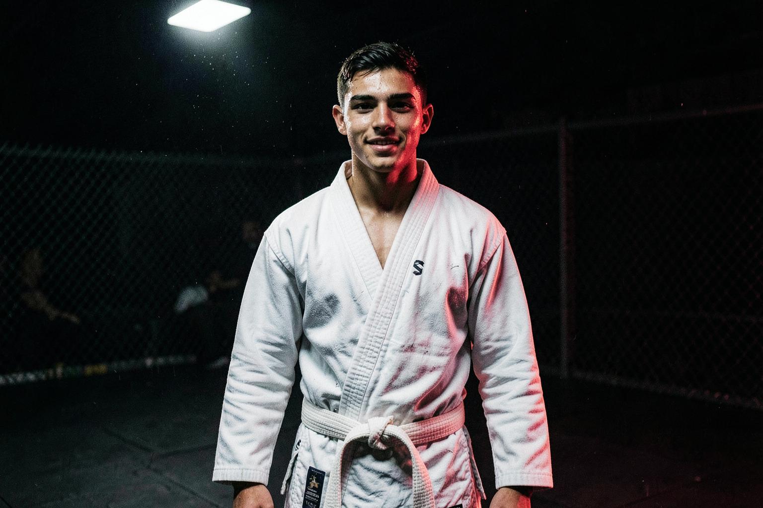 A young man in a white Brazilian Jiu-Jitsu gi standing confidently on the mats at Shackelford's MMA Center